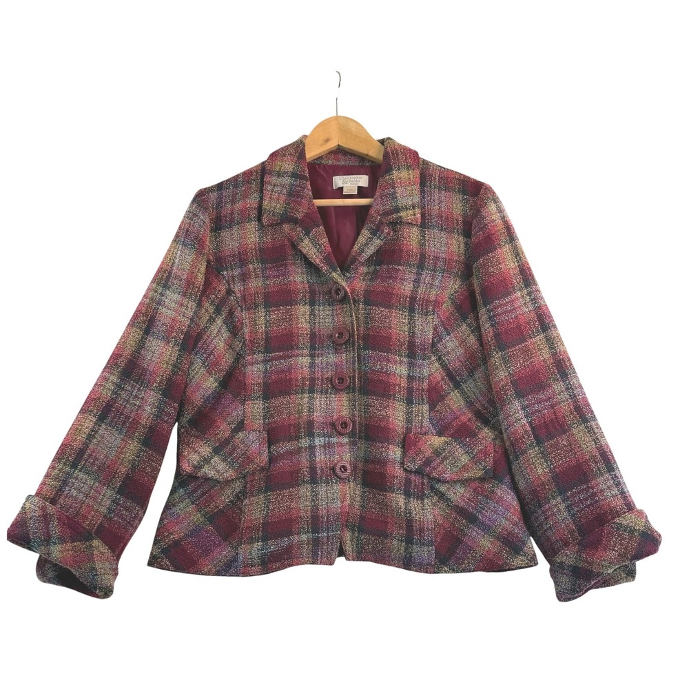 Christopher & Banks Blazer PXL Wine/Pink/Blue/Black Plaid Boucle Button Front